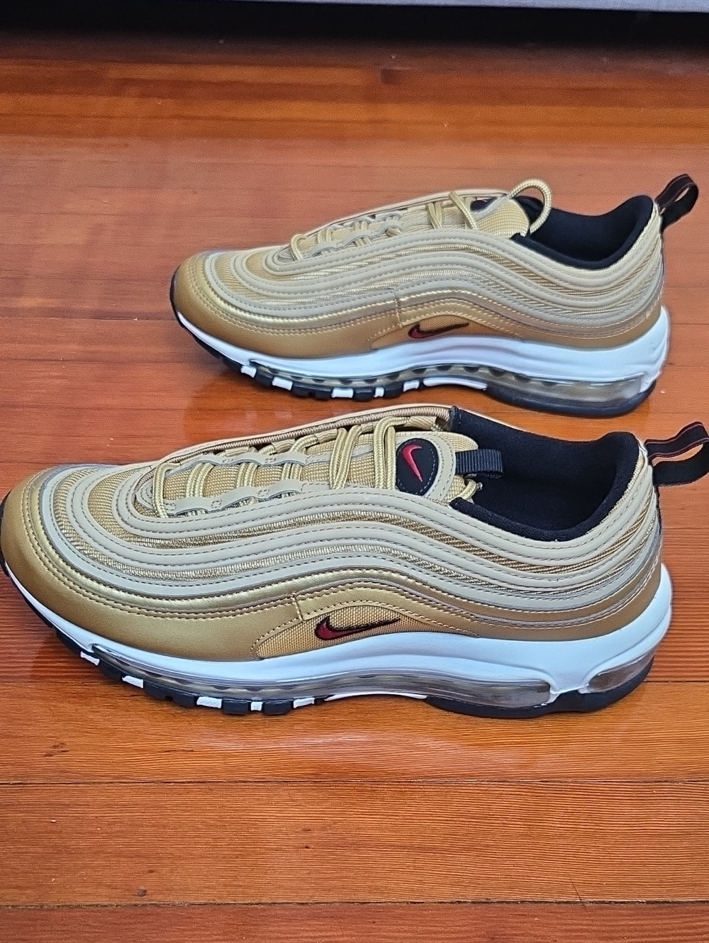 NWOT Nike Gold and Black Air Max 97 Sneakers with Red Swoosh